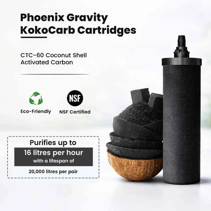 Phoenix Gravity KokoCarb Cartridges with coconut shell and activated carbon on a white background