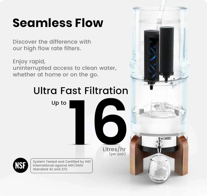Phoenix Gravity water filter pitcher with smart carbon cartridges, a transparent glass bowl at the base, and a wooden stand, shown on a white background with promotional text reading 'Seamless Flow' and 'Ultra Fast Filtration Up to 16 Litres/hr (per pair)'.
