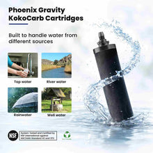 Phoenix Gravity KokoCarb Cartridge with water splashing around it, showing its use with various water sources.