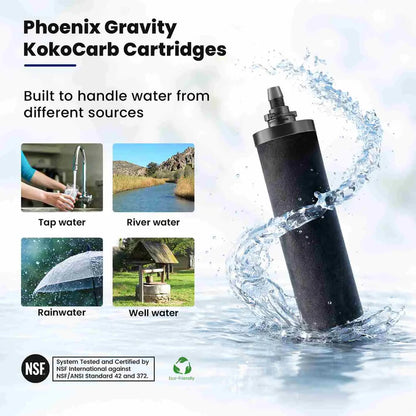 Phoenix Gravity KokoCarb Cartridge with water splashing around it, showing its use with various water sources.