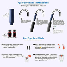 Instructions for priming water filters with a primer and red dye test vials on a white background.