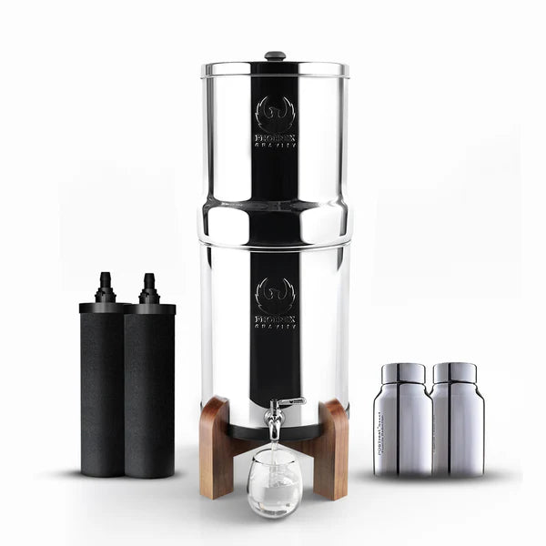 Phoenix Gravity Pro With POSTreat, and Wooden Stand - Phoenix Gravity Water Filters UK