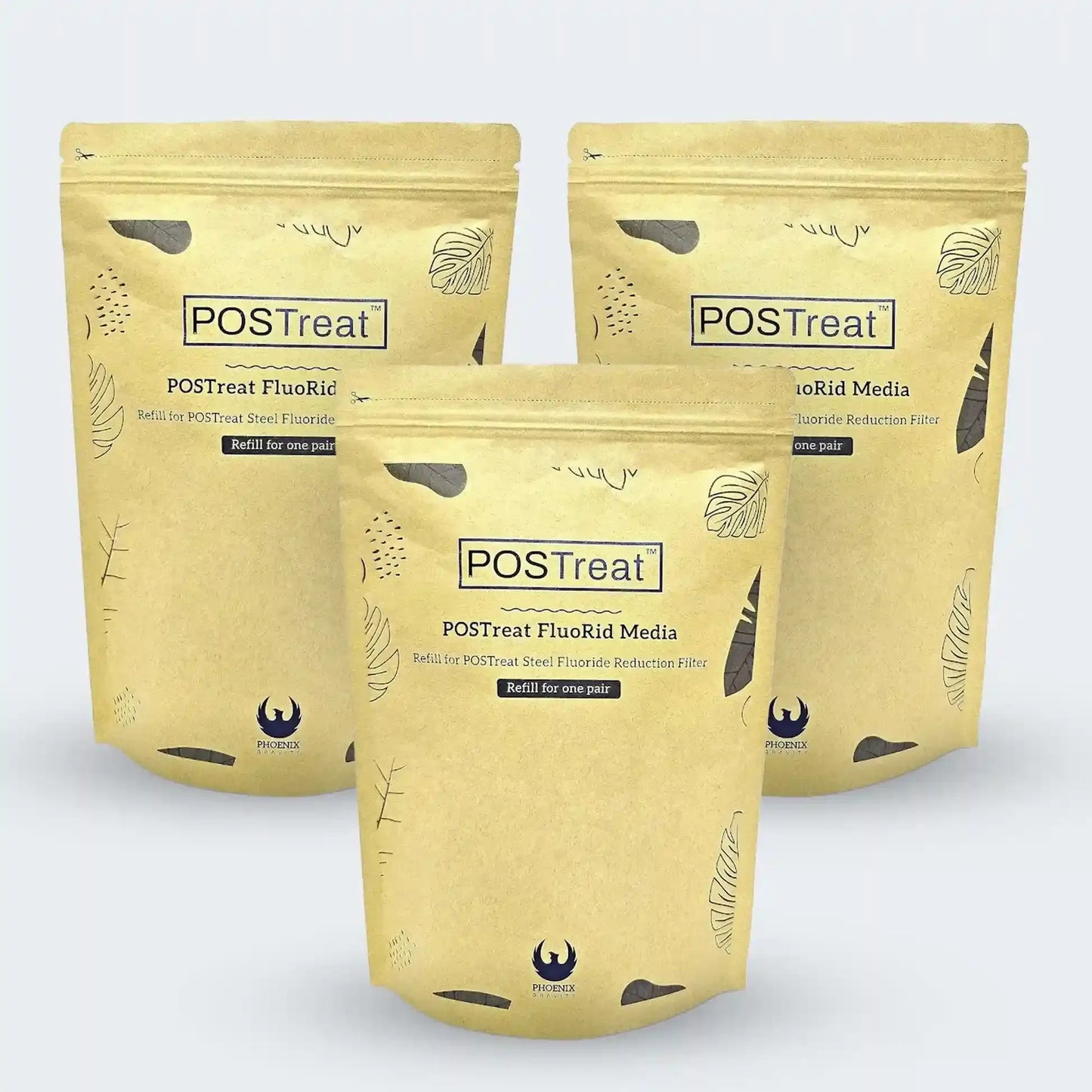 Three gold-colored packaging bags with 'POSTreat' branding on a light gray background