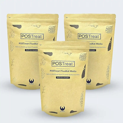Three gold-colored packaging bags with 'POSTreat' branding on a light gray background