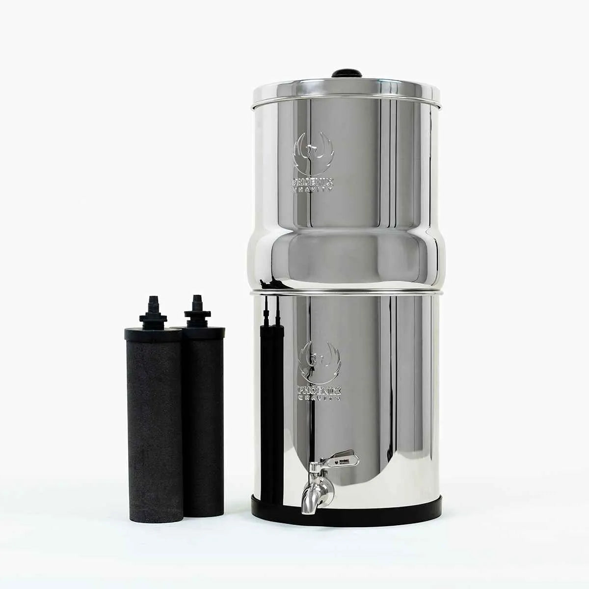 Phoenix Gravity Stainless steel water filter with two black filters on a white background