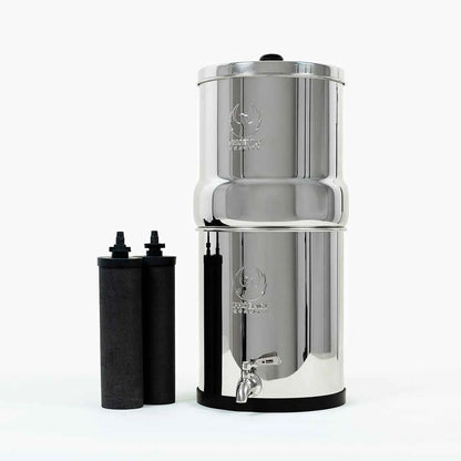 Phoenix Gravity Stainless steel water filter with two black filters on a white background